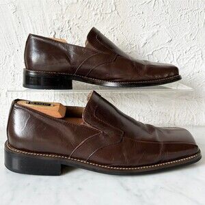Zengara Brown Leather Square Toe Loafers - Men's Dress Shoes 8.5 M